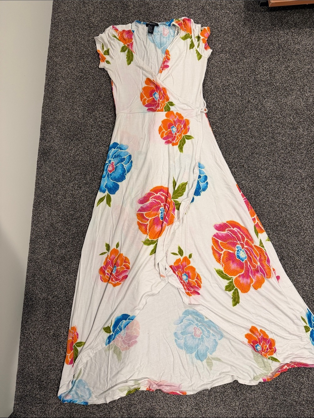 Forever 21 White Maxi Dress with Orange, Blue & Pink Floral Print